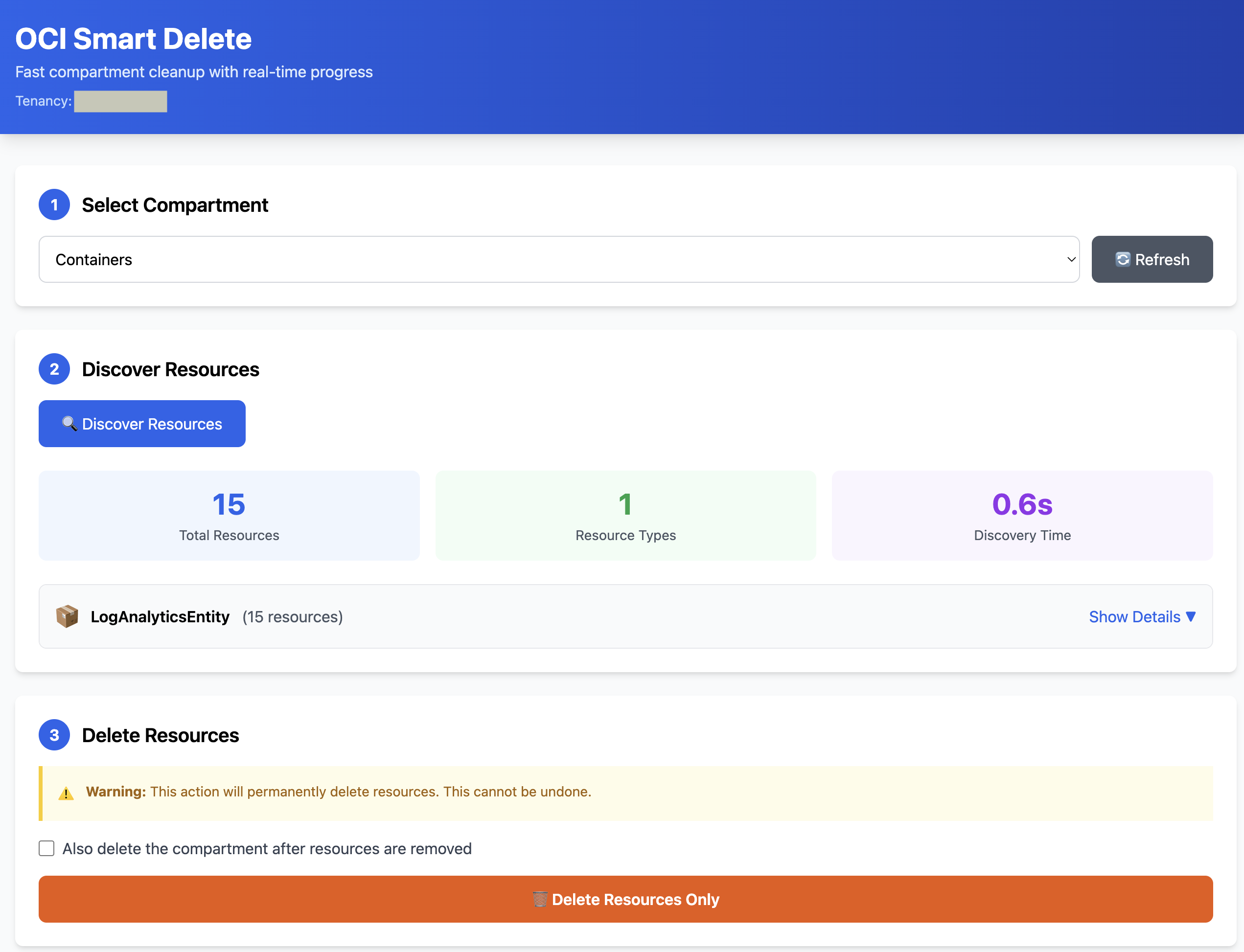 OCI Smart Delete Screenshot